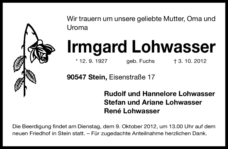 Traueranzeige für Irmgard Lohwasser vom 06.10.2012 aus Gesamtausgabe Nürnberger Nachrichten/ Nürnberger Ztg.