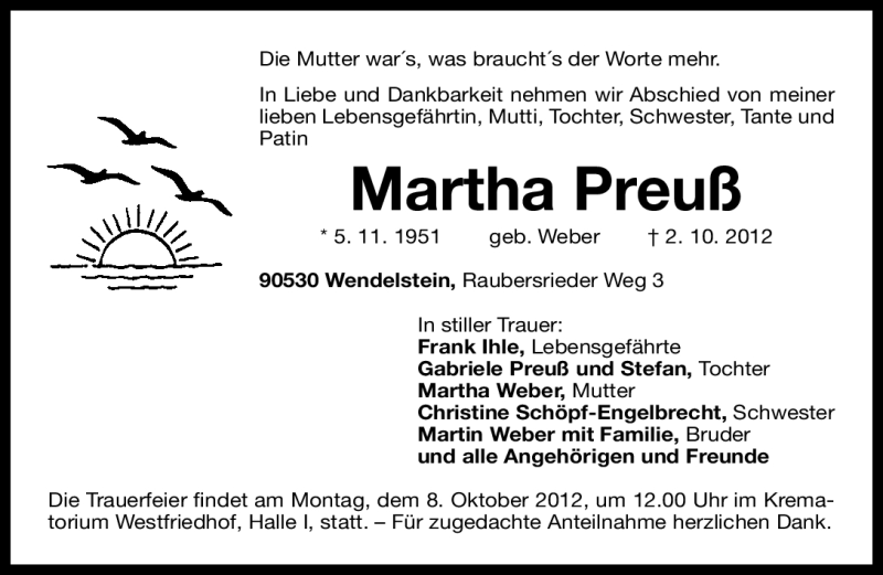  Traueranzeige für Martha Preuß vom 06.10.2012 aus Gesamtausgabe Nürnberger Nachrichten/ Nürnberger Ztg.