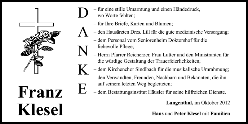  Traueranzeige für Franz Klesel vom 06.10.2012 aus Neumarkter Nachrichten Lokal