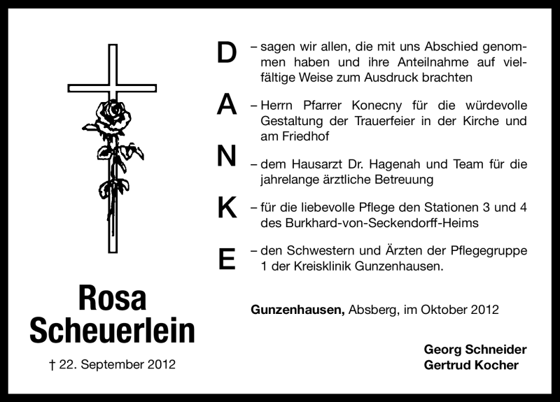  Traueranzeige für Rosa Scheuerlein vom 06.10.2012 aus Altmühl-Bote Lokal