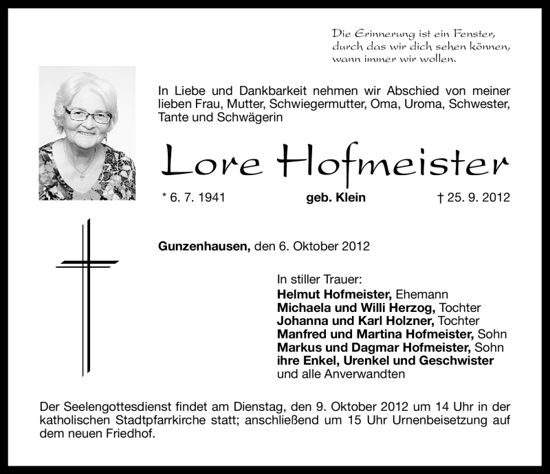  Traueranzeige für Lore Hofmeister vom 06.10.2012 aus Altmühl-Bote Lokal