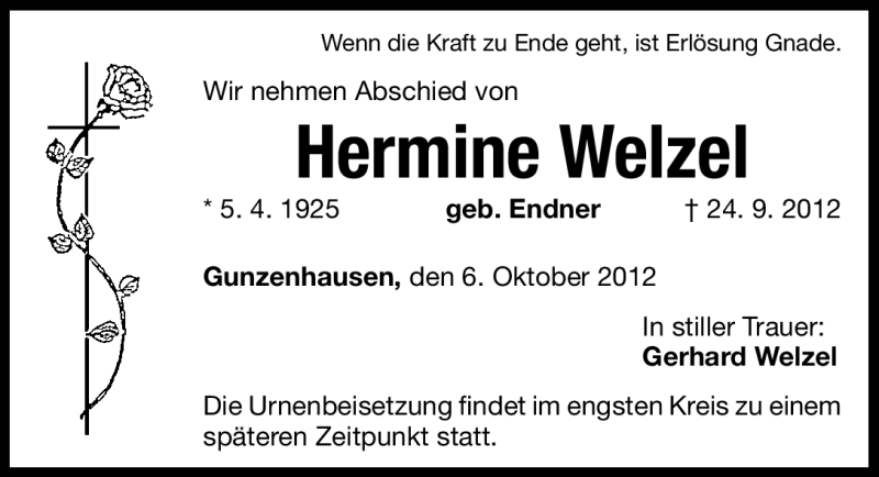  Traueranzeige für Hermine Welzel vom 06.10.2012 aus Altmühl-Bote Lokal