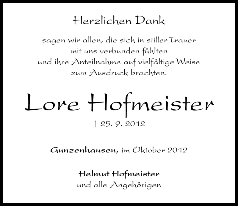  Traueranzeige für Lore Hofmeister vom 13.10.2012 aus Altmühl-Bote Lokal