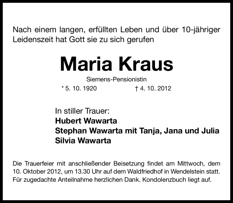  Traueranzeige für Maria Kraus vom 08.10.2012 aus Gesamtausgabe Nürnberger Nachrichten/ Nürnberger Ztg.