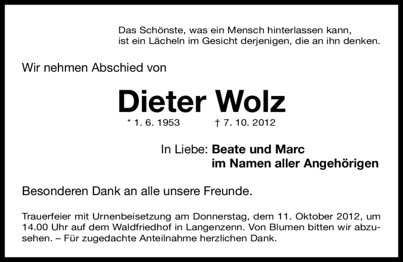  Traueranzeige für Dieter Wolz vom 09.10.2012 aus Gesamtausgabe Nürnberger Nachrichten/ Nürnberger Ztg.
