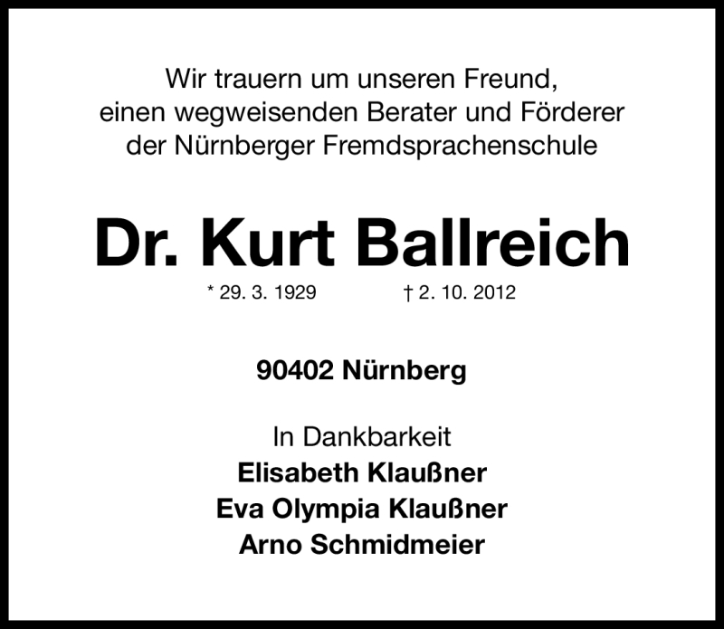  Traueranzeige für Kurt Ballreich vom 09.10.2012 aus Gesamtausgabe Nürnberger Nachrichten/ Nürnberger Ztg.