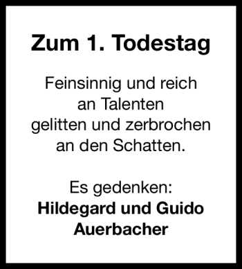 Traueranzeige von 1. Todestag  von Roth-Hilpoltsteiner Volkszeitung Lokal