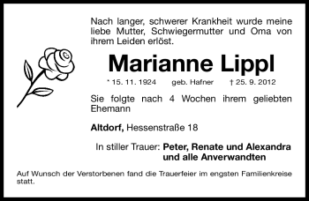 Traueranzeige von Marianne Lippl von Gesamtausgabe Nürnberger Nachrichten/ Nürnberger Ztg.