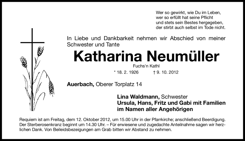  Traueranzeige für Katharina Neumüller vom 10.10.2012 aus Nordbayerische Nachrichten Pegnitz Lokal