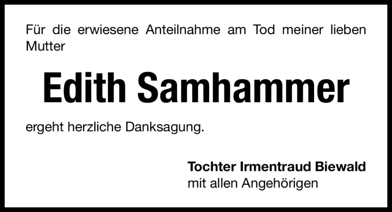  Traueranzeige für Edith Samhammer vom 13.10.2012 aus Altmühl-Bote Lokal