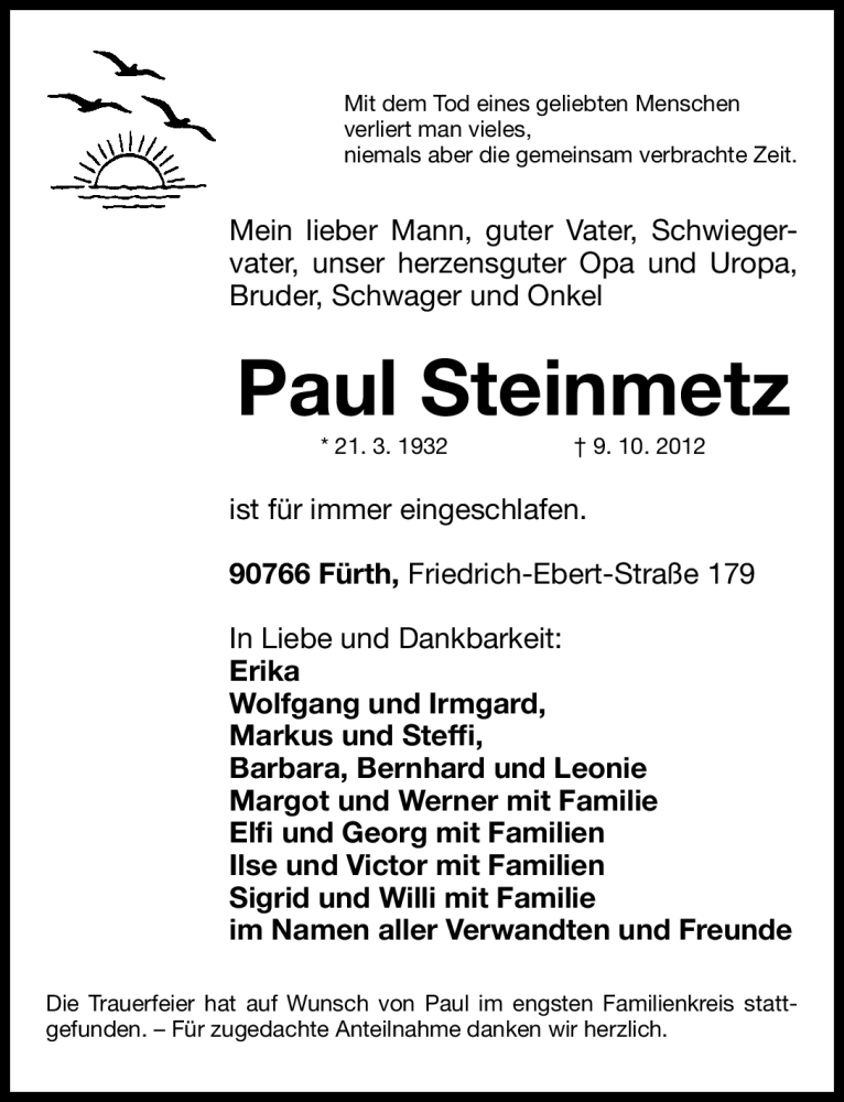  Traueranzeige für Paul Steinmetz vom 13.10.2012 aus Fürther Nachrichten Lokal