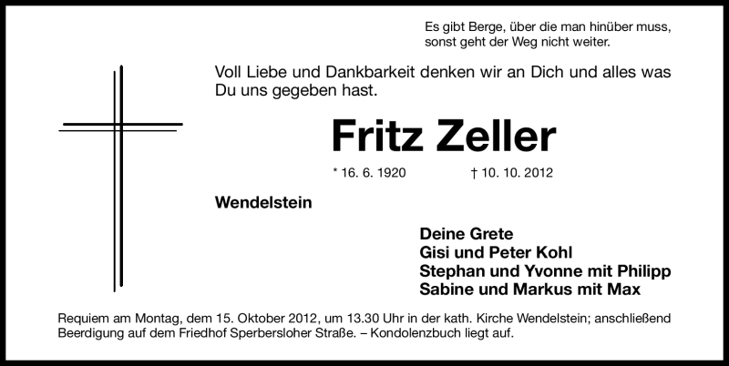  Traueranzeige für Fritz Zeller vom 13.10.2012 aus Gesamtausgabe Nürnberger Nachrichten/ Nürnberger Ztg.
