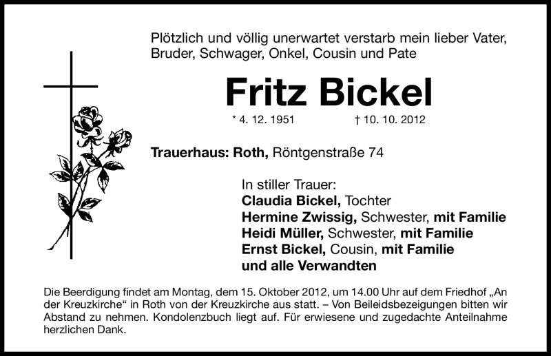  Traueranzeige für Fritz Bickel vom 13.10.2012 aus Roth-Hilpoltsteiner Volkszeitung Lokal