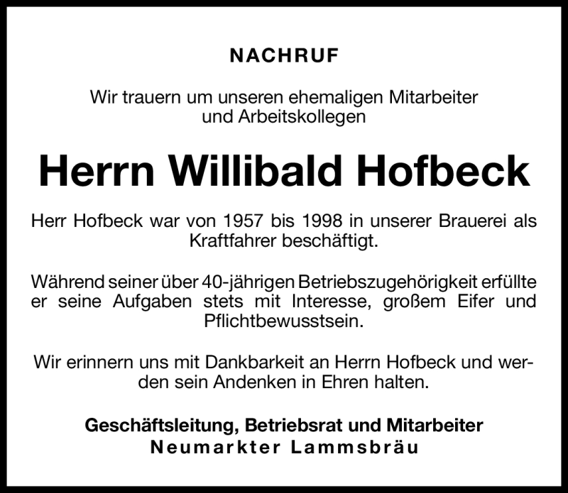  Traueranzeige für Willibald Hofbeck vom 17.10.2012 aus Neumarkter Nachrichten Lokal