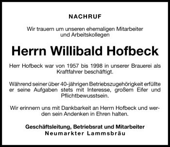 Traueranzeige von Willibald Hofbeck von Neumarkter Nachrichten Lokal