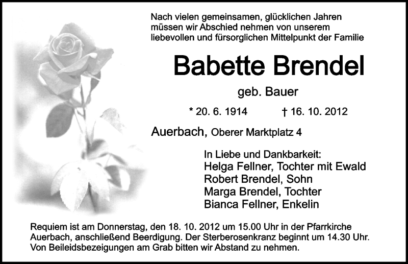  Traueranzeige für Babette Brendel vom 17.10.2012 aus Nordbayerische Nachrichten Pegnitz Lokal