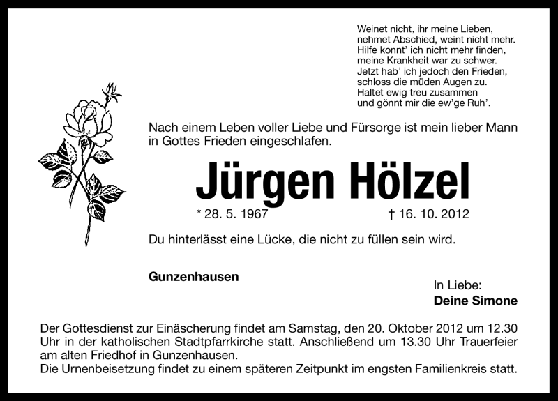 Traueranzeige für Jürgen Hölzel vom 19.10.2012 aus Altmühl-Bote Lokal