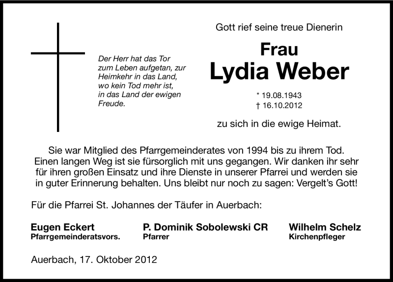  Traueranzeige für Lydia Weber vom 19.10.2012 aus Nordbayerische Nachrichten Pegnitz Lokal