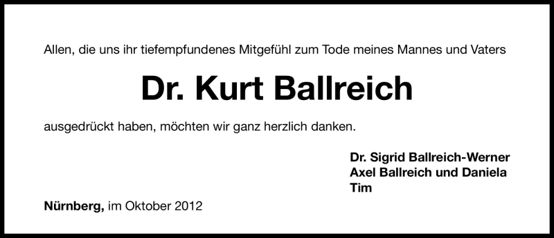  Traueranzeige für Kurt Ballreich vom 20.10.2012 aus Gesamtausgabe Nürnberger Nachrichten/ Nürnberger Ztg.