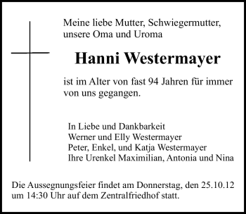 Traueranzeige von Hanni Westermayer von Erlanger Nachrichten Lokal