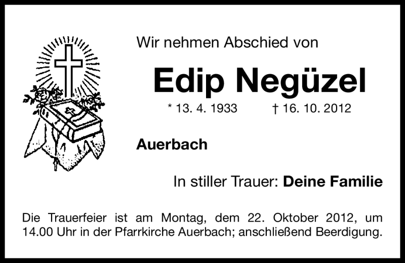  Traueranzeige für Edip Negüzel vom 20.10.2012 aus Nordbayerische Nachrichten Pegnitz Lokal