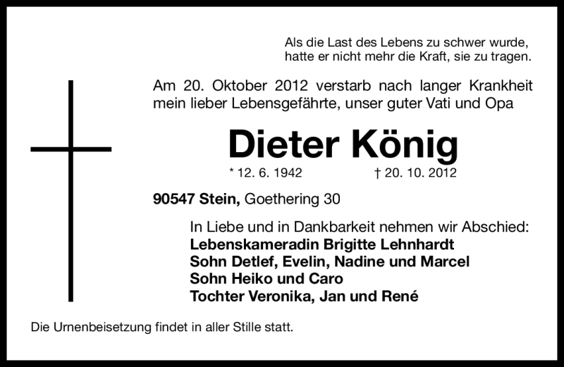  Traueranzeige für Dieter König vom 23.10.2012 aus Gesamtausgabe Nürnberger Nachrichten/ Nürnberger Ztg.