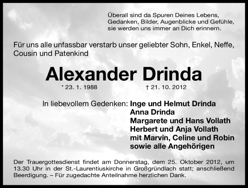  Traueranzeige für Alexander Drinda vom 23.10.2012 aus Gesamtausgabe Nürnberger Nachrichten/ Nürnberger Ztg.