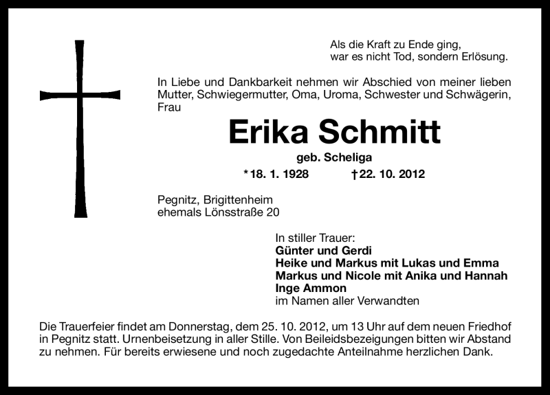  Traueranzeige für Erika Schmitt vom 24.10.2012 aus Nordbayerische Nachrichten Pegnitz Lokal