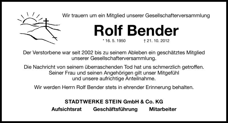  Traueranzeige für Bender Rolf vom 24.10.2012 aus Gesamtausgabe Nürnberger Nachrichten/ Nürnberger Ztg.