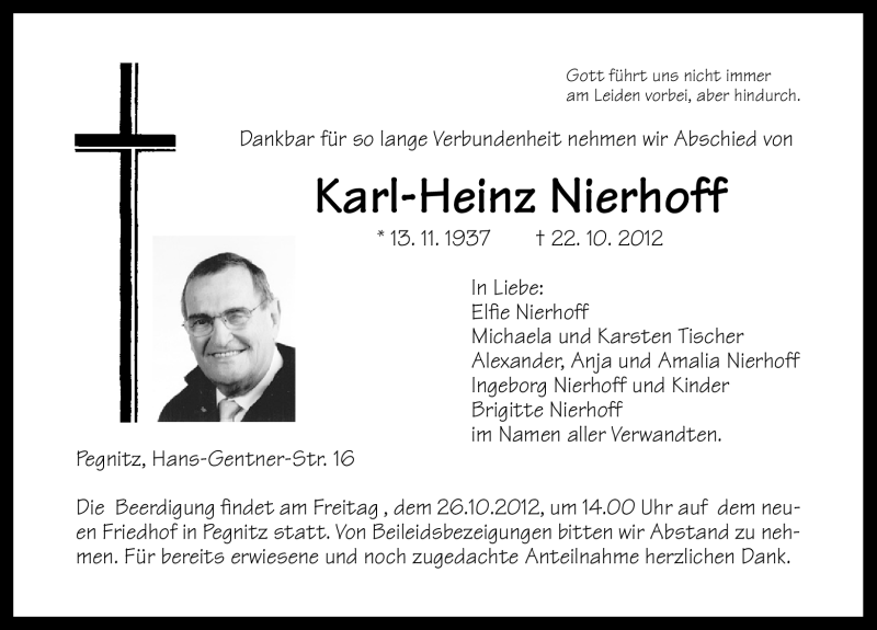  Traueranzeige für Karl-Heinz Nierhoff vom 24.10.2012 aus Nordbayerische Nachrichten Pegnitz Lokal