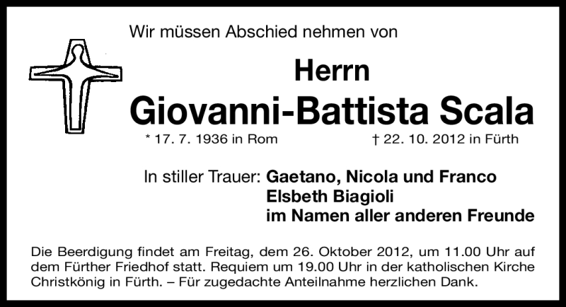  Traueranzeige für Giovanni-Battista Scala vom 24.10.2012 aus Fürther Nachrichten Lokal