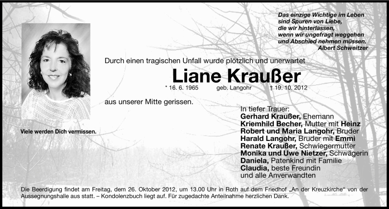  Traueranzeige für Liane Kraußer vom 24.10.2012 aus Roth-Hilpoltsteiner Volkszeitung Lokal