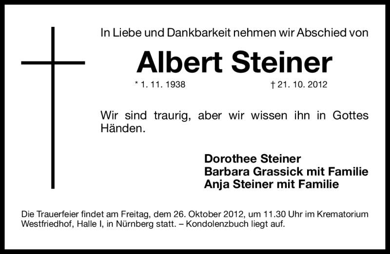  Traueranzeige für Albert Steiner vom 24.10.2012 aus Gesamtausgabe Nürnberger Nachrichten/ Nürnberger Ztg.