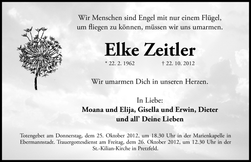  Traueranzeige für Elke Zeitler vom 24.10.2012 aus Nordbayerische Nachrichten Forchheim Lokal