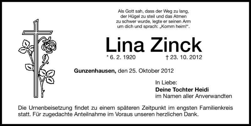  Traueranzeige für Lina Zinck vom 25.10.2012 aus Altmühl-Bote Lokal