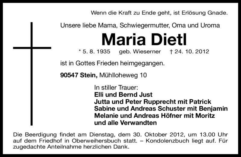 Traueranzeige für Maria Dietl vom 27.10.2012 aus Gesamtausgabe Nürnberger Nachrichten/ Nürnberger Ztg.