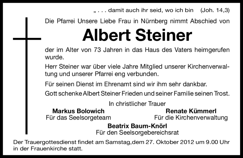  Traueranzeige für Albert Steiner vom 26.10.2012 aus Gesamtausgabe Nürnberger Nachrichten/ Nürnberger Ztg.
