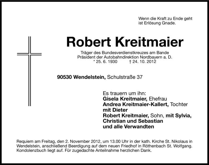  Traueranzeige für Robert Kreitmaier vom 27.10.2012 aus Gesamtausgabe Nürnberger Nachrichten/ Nürnberger Ztg.