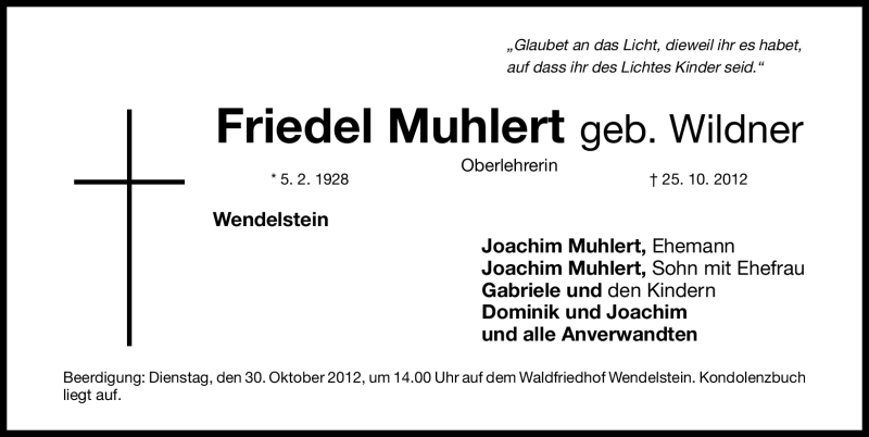  Traueranzeige für Friedel Muhlert vom 29.10.2012 aus Gesamtausgabe Nürnberger Nachrichten/ Nürnberger Ztg.
