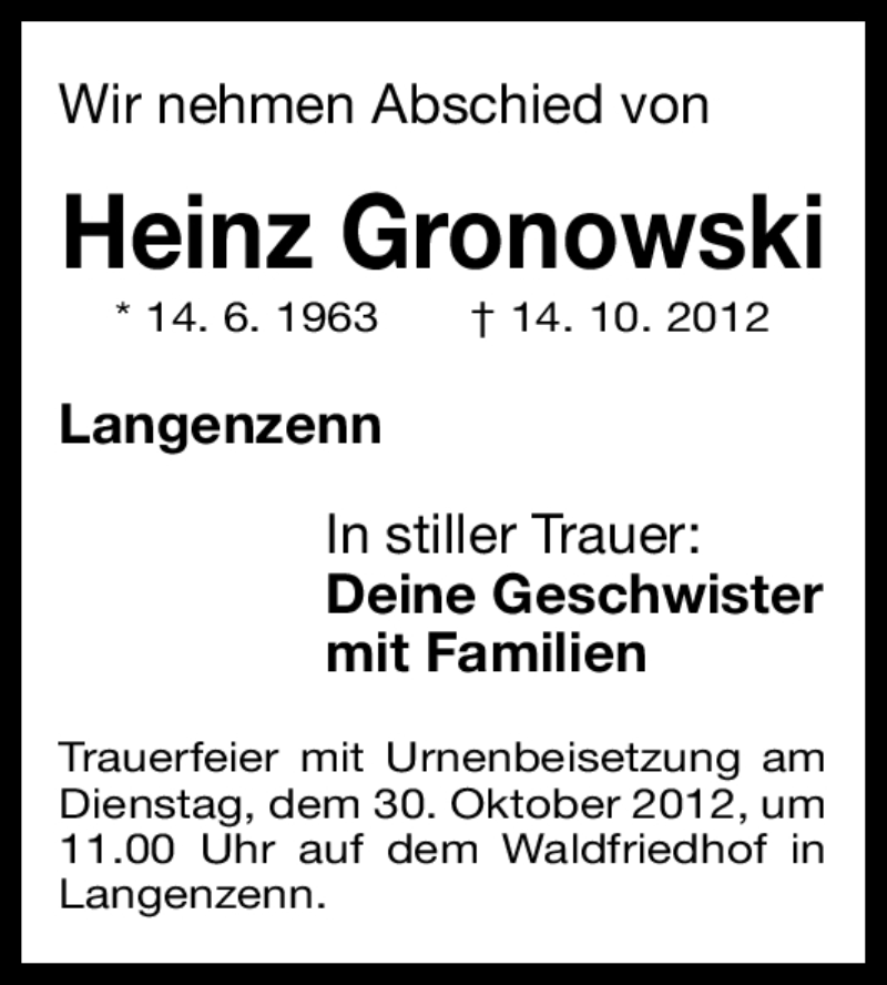  Traueranzeige für Heinz Gronowski vom 29.10.2012 aus Fürther Nachrichten Lokal