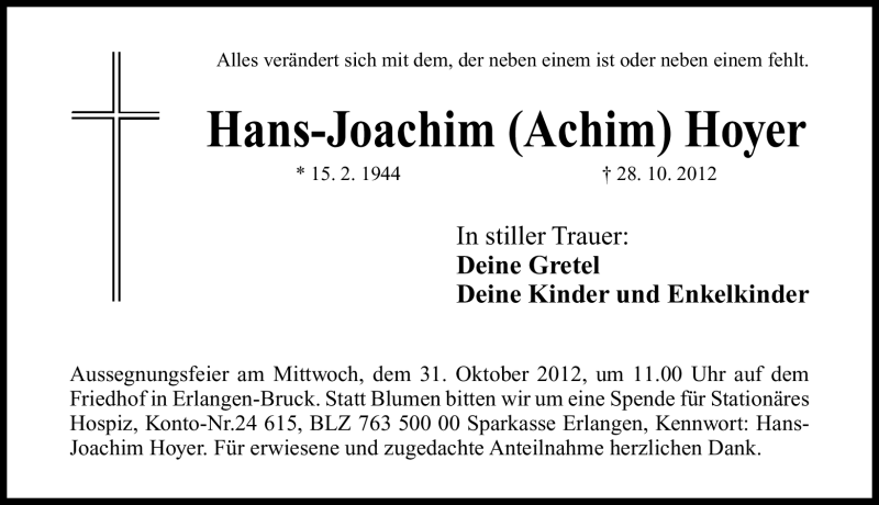  Traueranzeige für Hans-Joachim Hoyer vom 30.10.2012 aus Erlanger Nachrichten Lokal