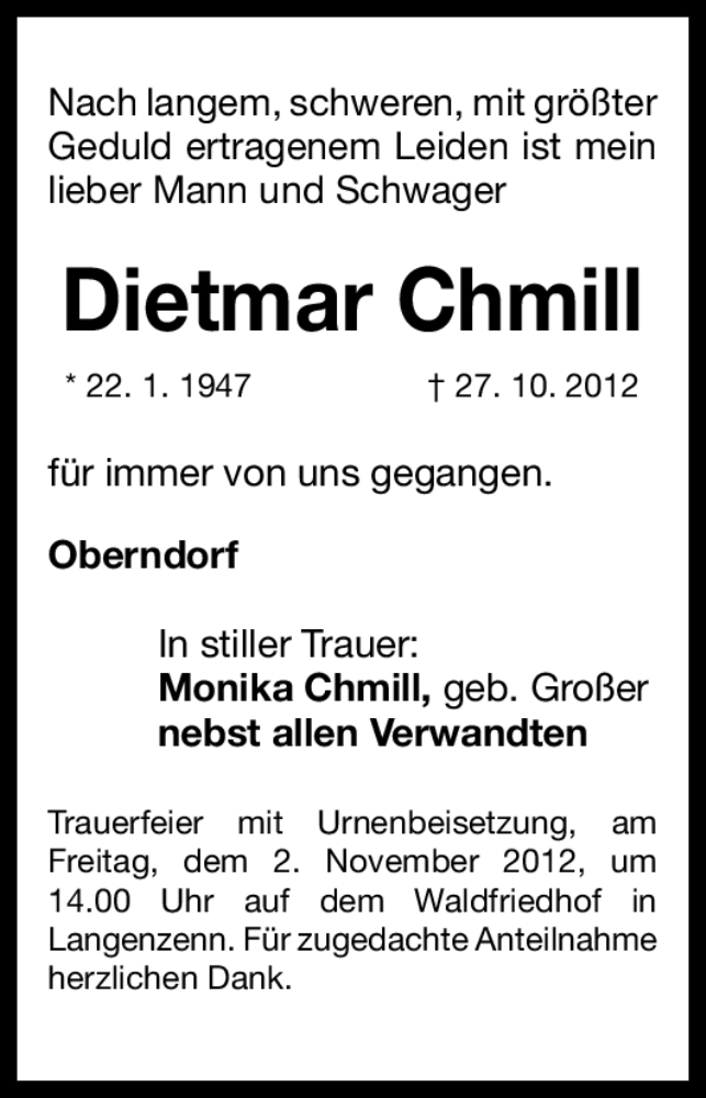  Traueranzeige für Dietmar Chmill vom 31.10.2012 aus Fürther Nachrichten Lokal