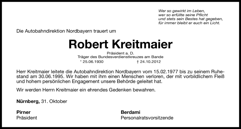  Traueranzeige für Robert Kreitmaier vom 31.10.2012 aus Gesamtausgabe Nürnberger Nachrichten/ Nürnberger Ztg.