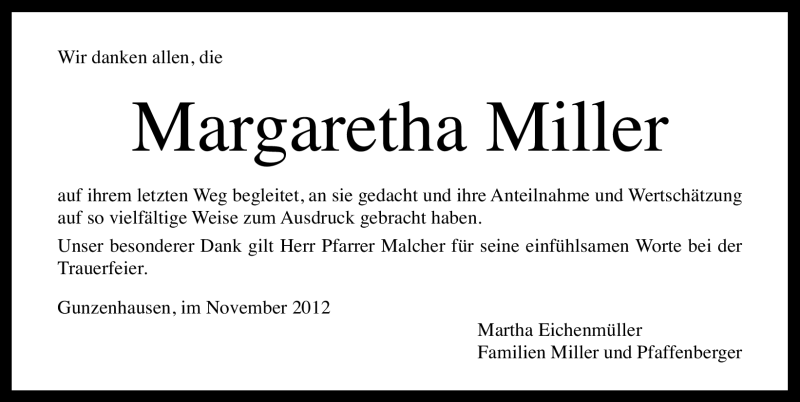  Traueranzeige für Margaretha Miller vom 03.11.2012 aus Altmühl-Bote Lokal