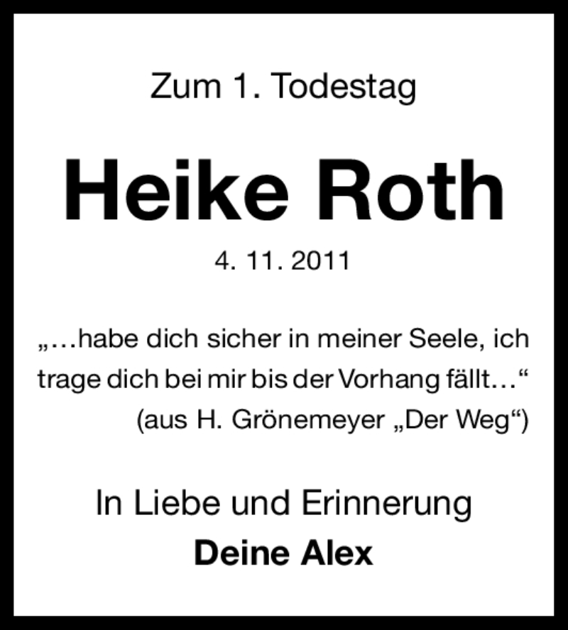  Traueranzeige für Heike Roth vom 03.11.2012 aus Erlanger Nachrichten Lokal