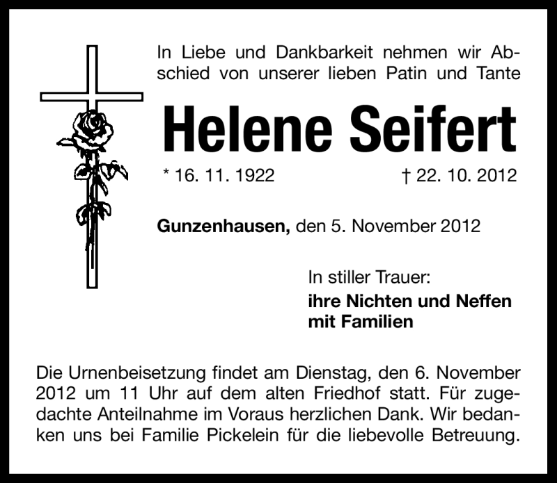  Traueranzeige für Helene Seifert vom 05.11.2012 aus Altmühl-Bote Lokal