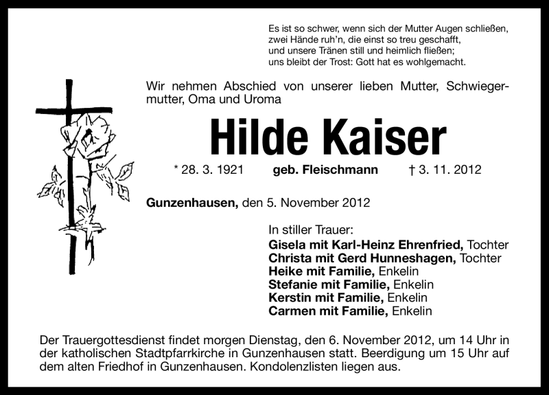  Traueranzeige für Hilde Kaiser vom 05.11.2012 aus Altmühl-Bote Lokal