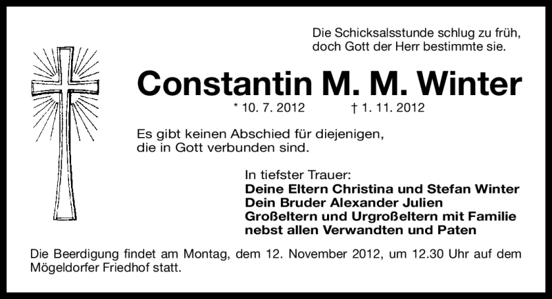 Traueranzeige für Constantin Winter vom 08.11.2012 aus Gesamtausgabe Nürnberger Nachrichten/ Nürnberger Ztg.
