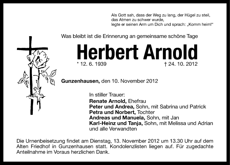  Traueranzeige für Herbert Arnold vom 10.11.2012 aus Altmühl-Bote Lokal