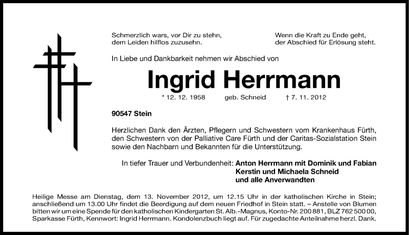  Traueranzeige für Ingrid Herrmann vom 10.11.2012 aus Gesamtausgabe Nürnberger Nachrichten/ Nürnberger Ztg.